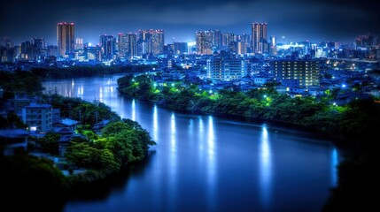 Naklejka premium Night cityscape reflected in a winding river.