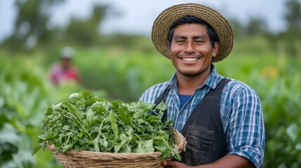 Smiling farmer holding a basket of fresh produce in a vibrant garden.