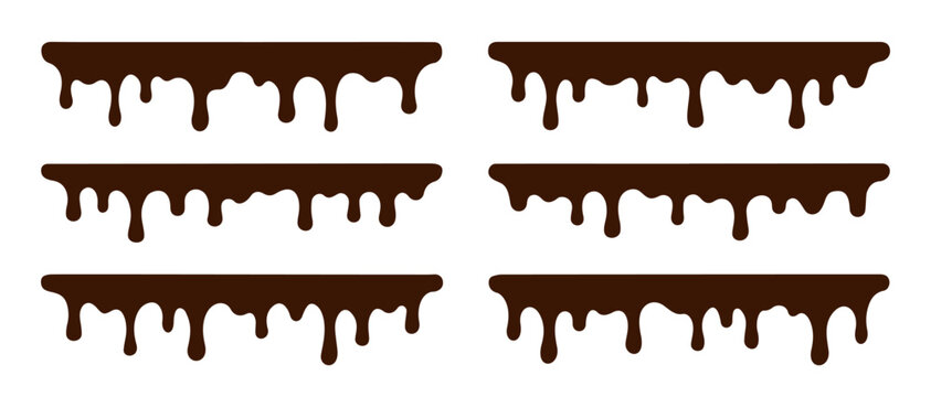 Set of hand drawn long drip of dark chocolate, glaze, milk, ice cream, gelato, syrup. Outline, silhouette of dripping drop from cake, dessert, isolated on white background in flat style. Vector EPS10