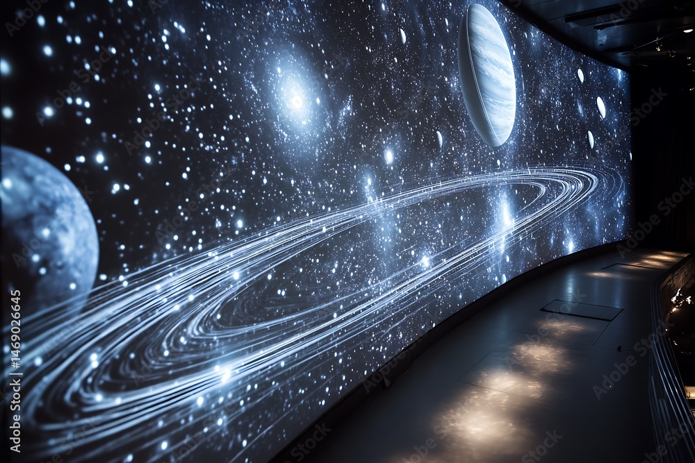 Poster an interactive space simulation projected in midair, showing slowly rotating planets and shimmering 