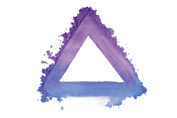 A vibrant, artistic representation of a purple gradient triangle made from colorful powder, set against a stark black background, showcasing creativity and abstract design potential
