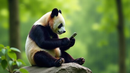 Obraz premium Panda Using Smartphone On Rock- AI