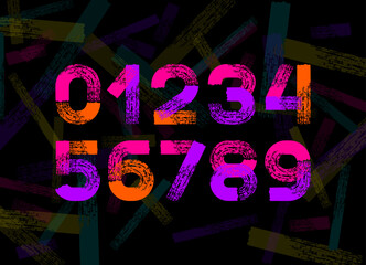 Brush colorful numbers, bright paint numerals 0, 1, 2, 3, 4, 5, 6, 7, 8, 9, vector illustration 10.