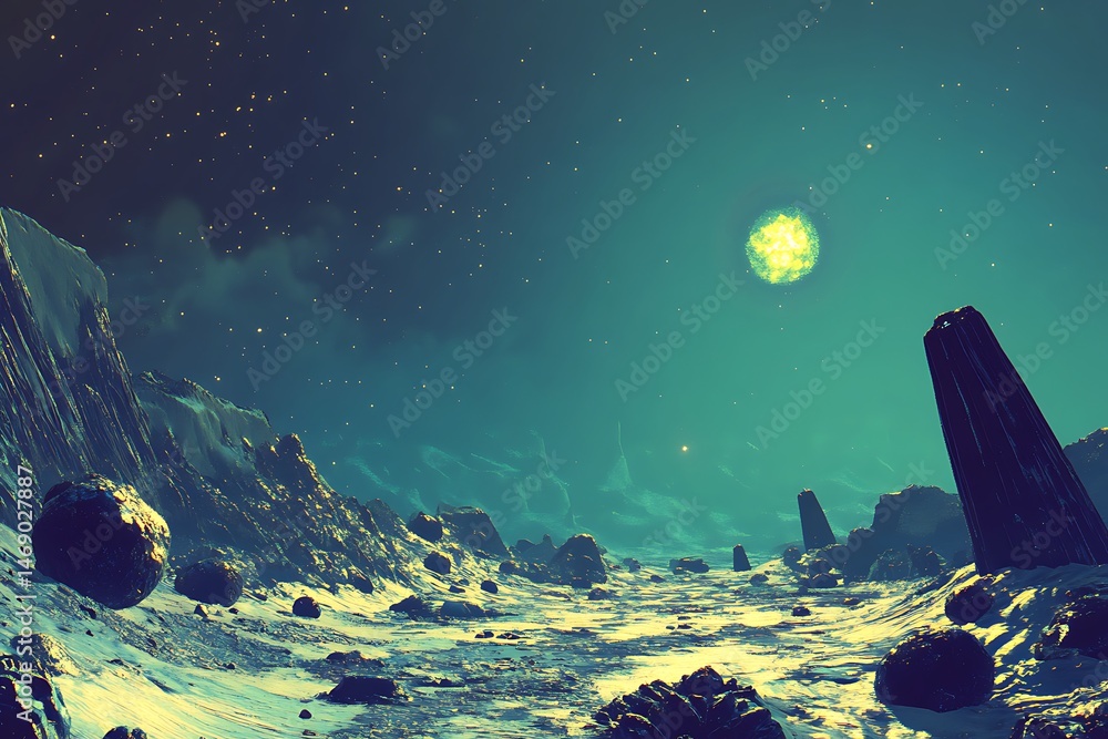 Poster floating asteroid field illuminated by a teal supernova explosion in the distance