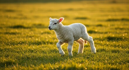 Fototapeta premium Delightful lamb frolics in the sunlit meadow, radiating youthful energy