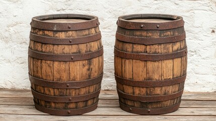 Fototapeta premium Rustic wooden barrels, outdoor setting, white wall background, storage