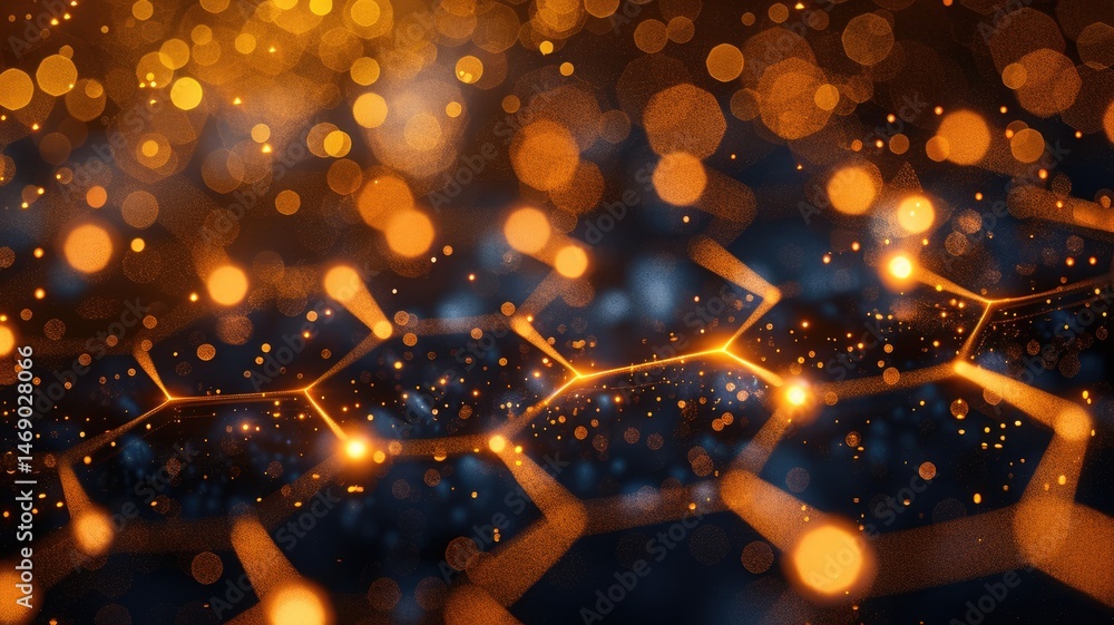 Poster abstract art of orange and gold hexagonal grid with glowing particles. digital artwork of yellow gli