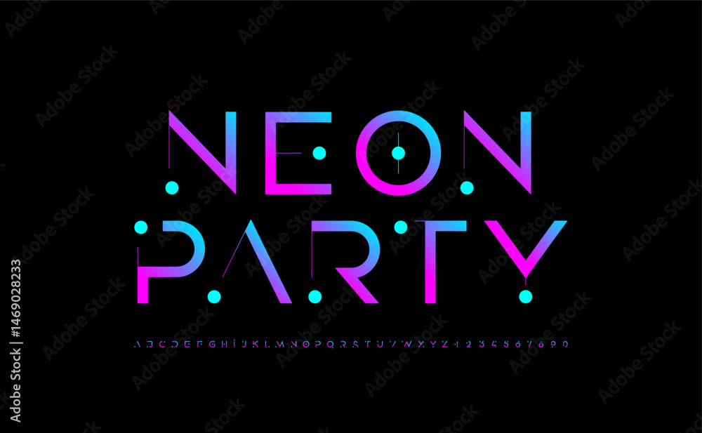 Poster font neon alphabet, thin letters from a to z and numbers from 0 to 9, made thin line and circle dot 