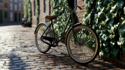 Fototapeta premium Vintage bicycle on cobblestone street, sunny day, urban scene, background with ivy, stock photo