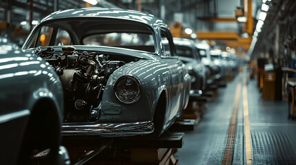 Fototapeta premium Grey Classic Cars on Assembly Line in Factory