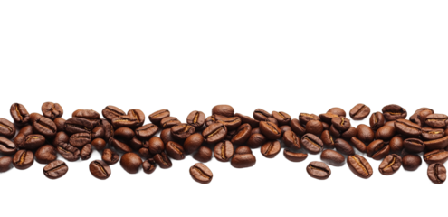 A close-up view of a horizontal line of roasted coffee beans arranged neatly, showcasing their rich brown color and texture against a clean, white background, ideal for coffee-related themes