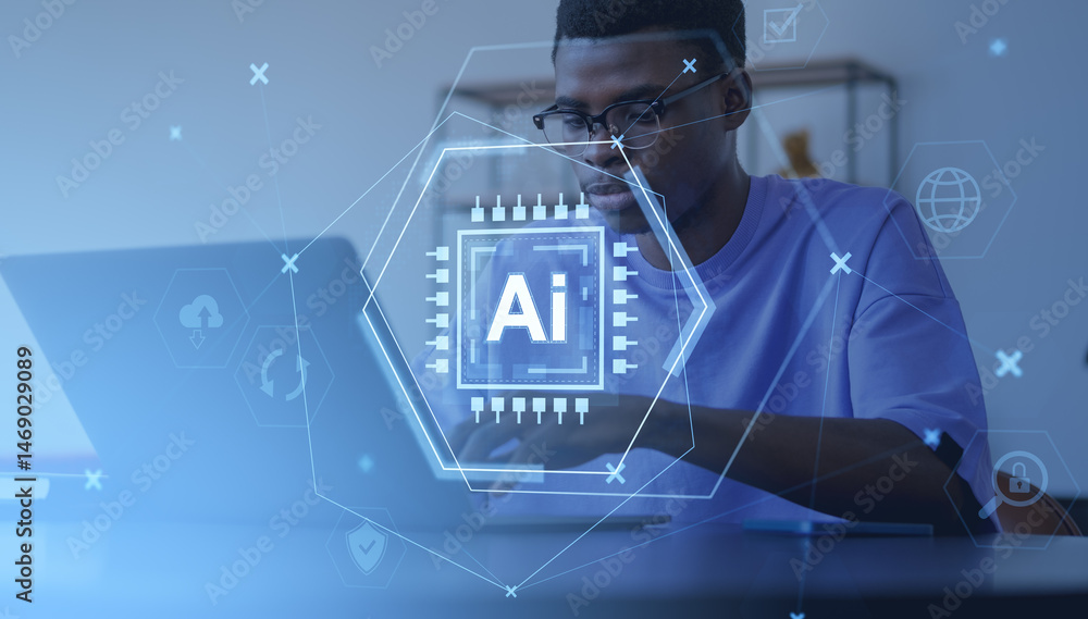 Poster man working on laptop with ai hologram interface in futuristic w