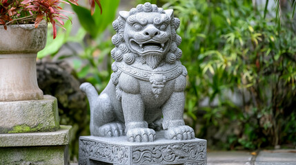 Obraz premium Realistic stone lion statue, intricately carved, showcasing fine craftsmanship and detailed texture