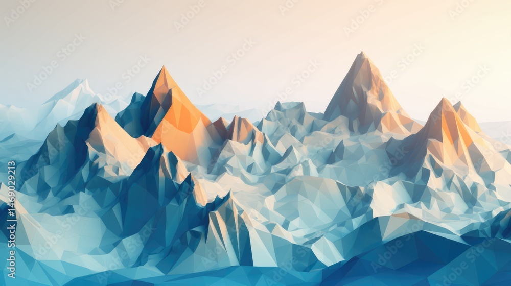 Poster the abstract picture of the blue mountain that painted with geometry and layers of the hills, abstra