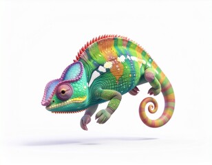 Obraz premium A cute 3D cartoon multicolored chameleon white background