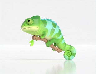 Fototapeta premium 3D cartoon green chameleon while sitting on a tree branch, with big eyes white background