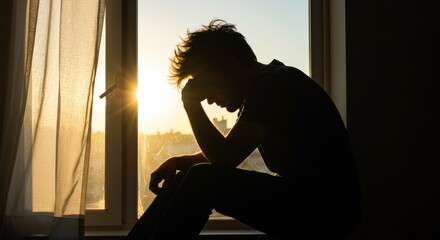 Silhouette of a man in despair sitting by a window during sunset expressing sadness and anxiety about the future