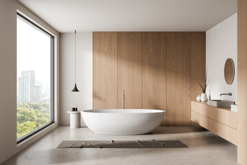 Modern minimalist bathroom interior with large window, white freestanding bathtub, wooden panels, and cityscape view on a sunny day. 3D Rendering. 3D Rendering