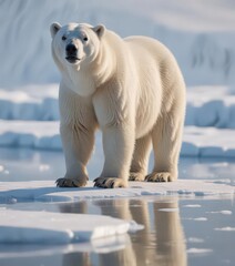Albino polar bear stands on Arctic ice floe, sunlight reflecting off its fur , powerful, frozen