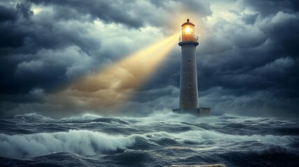 Fototapeta premium Lighthouse beacon in stormy sea