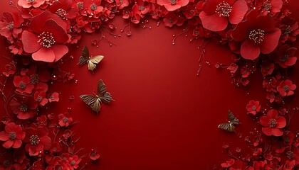 Red floral design with butterflies and sparkle.