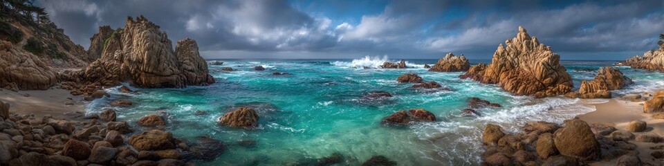 Fototapeta premium Dramatic coastal scene with dramatic waves crashing against rocks, sandy beach, and dramatic sky