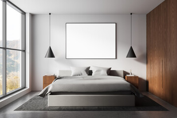 Modern bedroom interior with large poster mockup above bed, minimalistic design, cozy atmosphere, sunlight through big window, stylish home decor. 3D Rendering