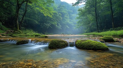 Obraz premium Tranquil mountain stream flowing through lush forest