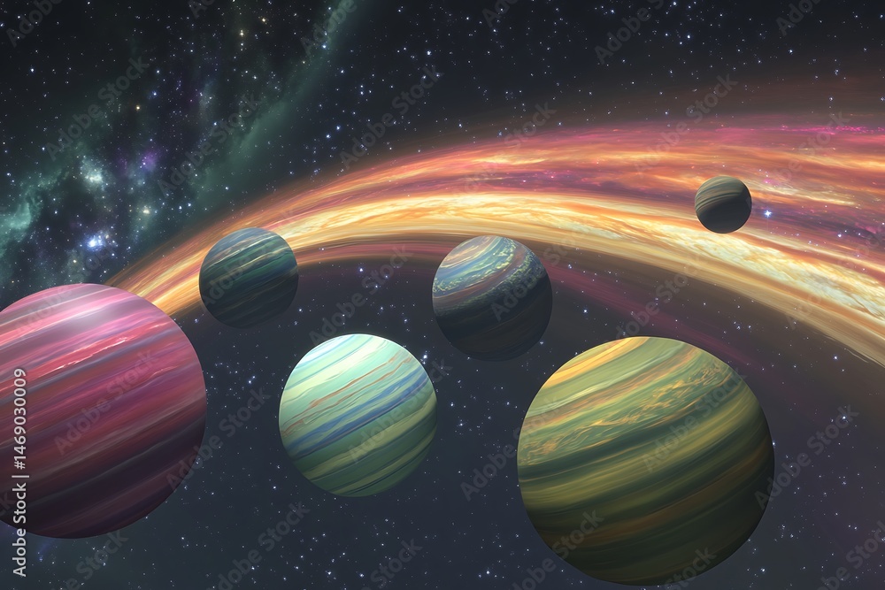 Aufkleber multiple colorful planets floating in a deep star-filled space, with a glowing galactic swirl in the
