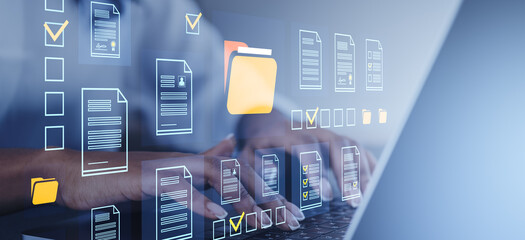 Digital document management with hands typing on laptop and virtual folders overlayed.