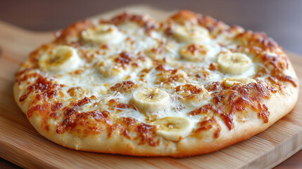 Close-up of weird banana pizza with melted cheese on a wooden cutting board, representing a unique sweet and savory culinary creation