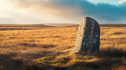 Solitary ancient rune stone in a windswept field, capturing a sense of timeless history and rugged natural beauty