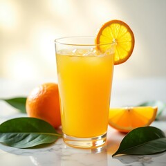 A glass of freshly squeezed orange juice, beaded with condensation, sits atop a crisp white background