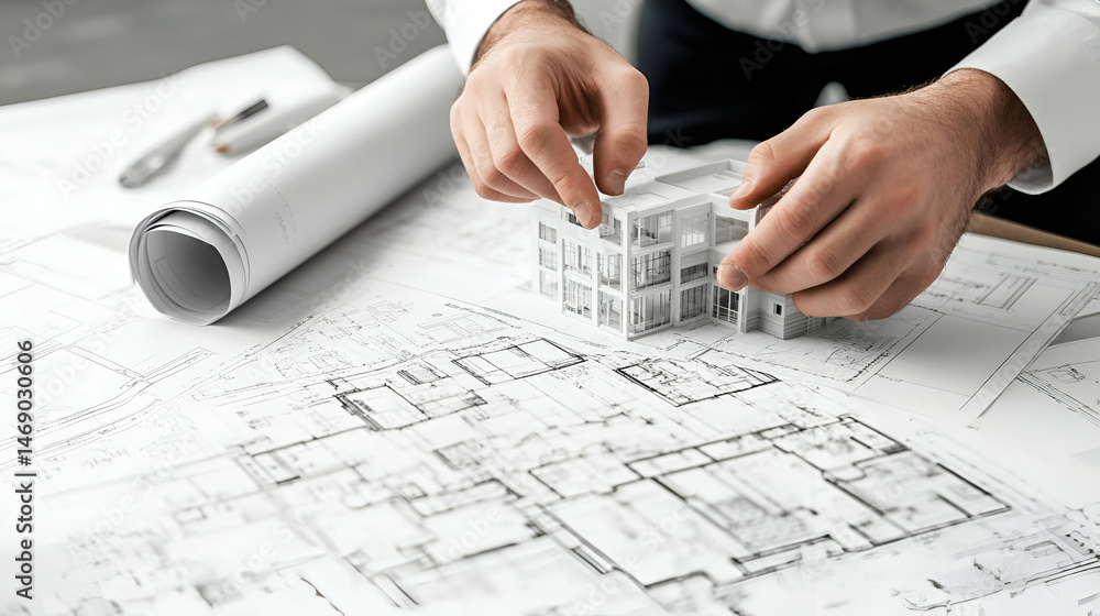 Poster hands holding architectural model above blueprint