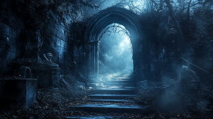 Spooky underground catacomb tunnel, dark and atmospheric, 3D Halloween passage