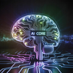 A digital illustration of a human brain intricately formed from glowing circuit patterns and vibrant neon lights, symbolizing the integration of artificial intelligence technology