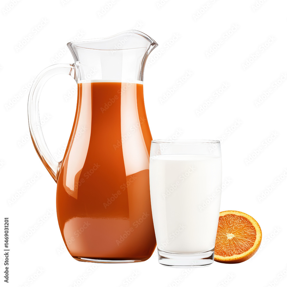 Poster refreshing pitcher of freshly squeezed orange juice with a glass ready to serve for a healthy breakf