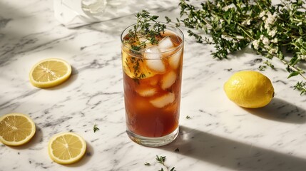 Refreshing Lemon Thyme Iced Tea with Ice in Glass on Marble Surface