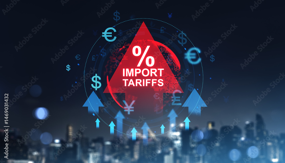 Poster import tariffs increasing concept with red triangle and currency symbols on dark city background rep