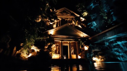 Obraz premium Nighttime view of classical-style structure with illuminated entrance, foliage, rock formations, statues, and water