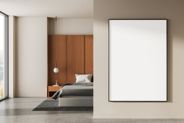 Blank framed poster mockup on beige wall in modern bedroom interior with wooden accents and minimalist design, clean layout, copyspace concept. 3D Rendering