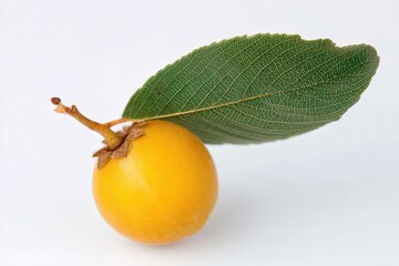 Fresh yellow loquat fruit with green leaf attached, on white background
