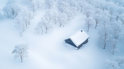 Snowy cabin, aerial view, winter forest, serene landscape, travel brochure