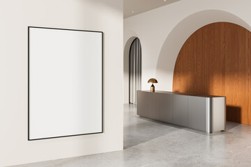 Plakat Modern interior with minimalist console table, arched wood panel wall, and blank vertical poster frame on light wall in soft natural lighting. 3D Rendering