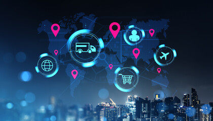 Logistics and transportation network visualization with global delivery icons on dark background.