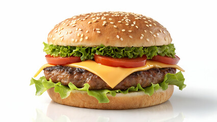 Juicy Cheeseburger with Lettuce, Tomato, and Melted Cheese on Sesame Seed Bun

