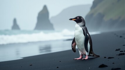 Obraz premium Gentoo Penguin on Black Sand Beach Iceland