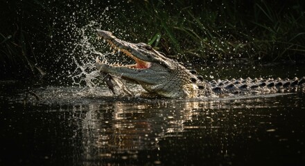 Spectacular aquatic predation moment with crocodile capturing prey in the water
