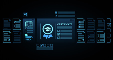 Digital certificate interface with documents and checklist icons on dark background in glowing neon style representing online education and certification progress. 3D Rendering