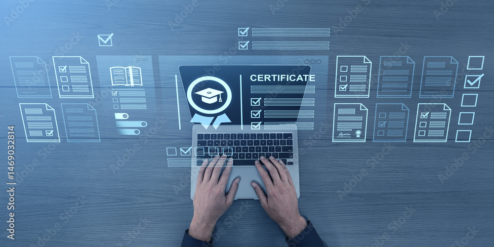 Poster man typing on laptop with virtual certificate icons and checklist graphics overlayed.